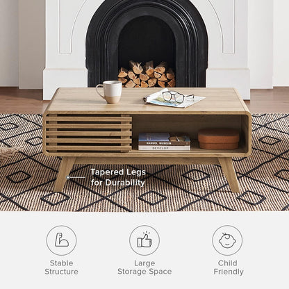 Mopio Ensley Mid Century Modern Rectangle Coffee Table with Dual Storage Shelf, Wood Slat Sliding Door, & Rounded Edge Protection for Living Room, Walnut Grain