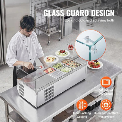 Refrigerated Condiment Prep Station, 135 W Countertop Refrigerated Condiment Station, with 2 1/3 Pans & 4 1/6 Pans, 304 Stainless Body and PC Lid, Sandwich Prep Table with Stainless Guard, ETL