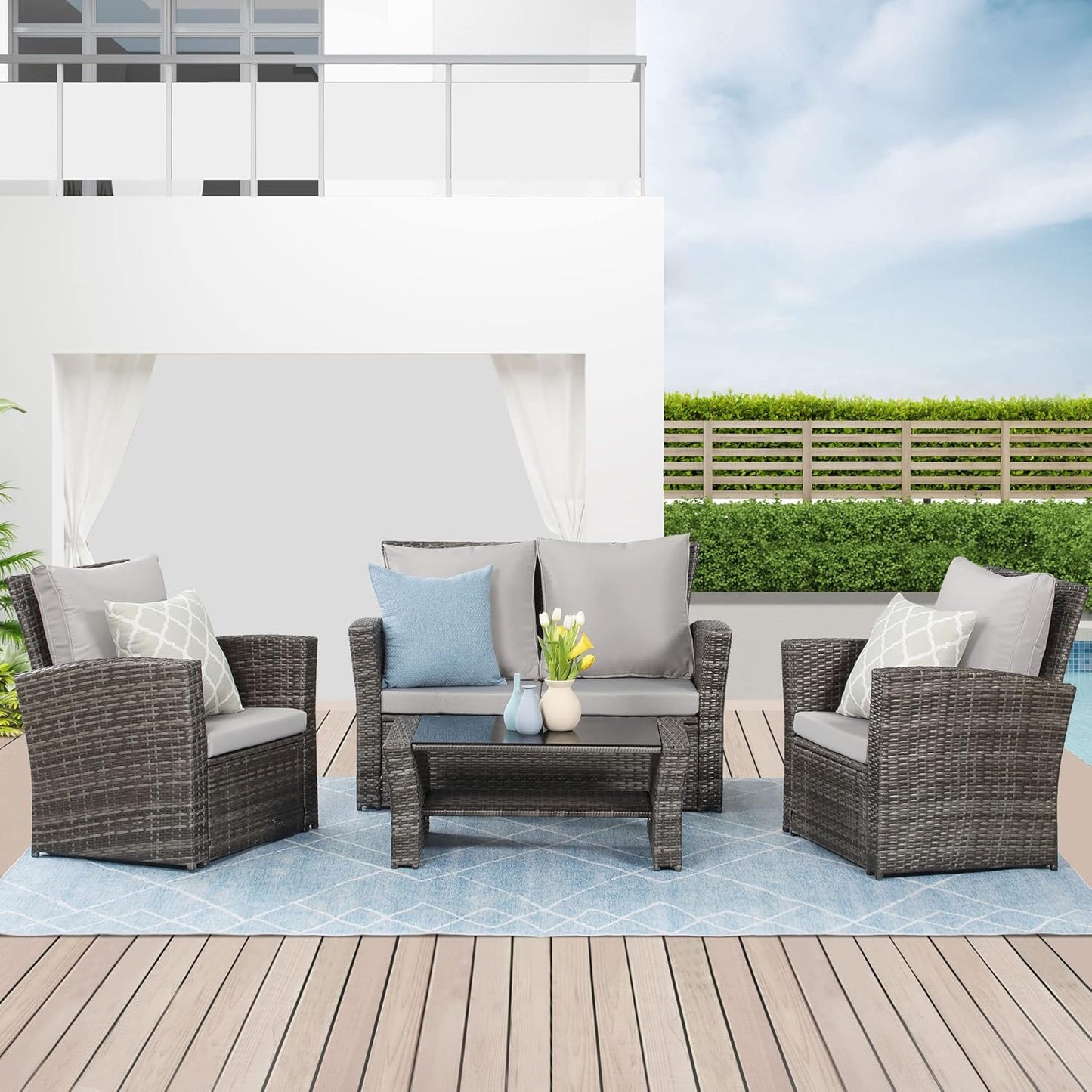 Wisteria Lane 4 Piece Outdoor Patio Furniture Sets, Wicker Conversation Set for Porch Deck, Grey Rattan Sofa Chair with Cushion Blue