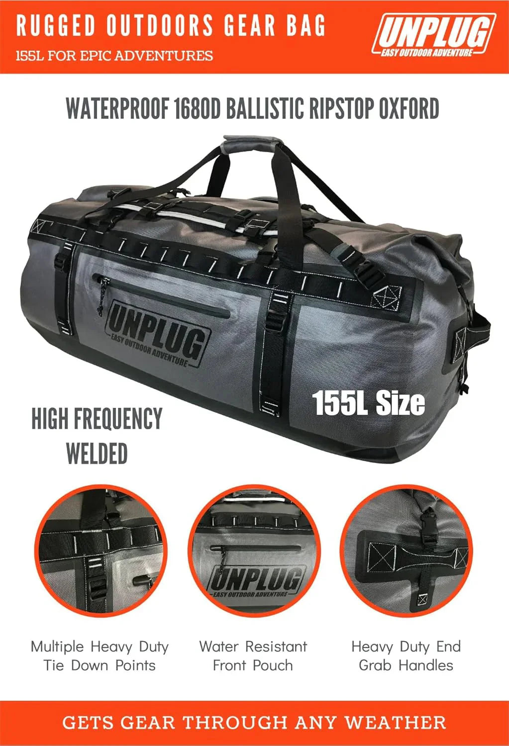 UNPLUG Ultimate Adventure Bag -1680D Heavy Duty Waterproof Travel Duffel Bags for Camping, Motorcycle Dry Bag, Waterproof Bags for Boating, Waterproof Duffle Backpack,Tactical Duffle Bag
