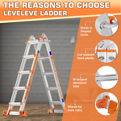 LEVELEVE Telescoping A Frame Ladder - 17FT Multi-Position 330lbs