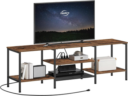 TV Stand with Power Outlets to 75 Inches, TV Console Table with Open Storage Shelves Cabinet, Industrial Media Entertainment Center for Living Room Bedroom, Rustic Brown and Black BF60DS01