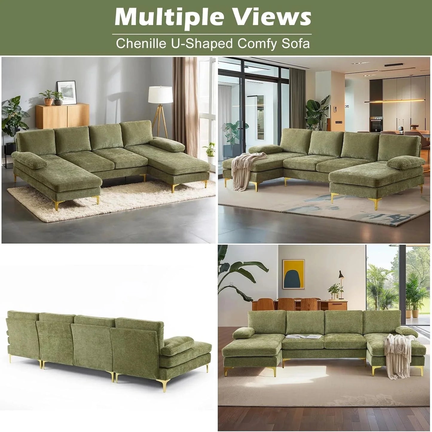 VINGLI 110" Sectional Couches for Living Room,U Shaped Couch with Double Chaise, 4-Seat Sofa Set with Chenille Fabric for Home Furniture,Beige