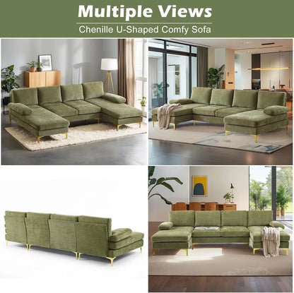 VINGLI 110" Sectional Couches for Living Room,U Shaped Couch with Double Chaise, 4-Seat Sofa Set with Chenille Fabric for Home Furniture,Beige