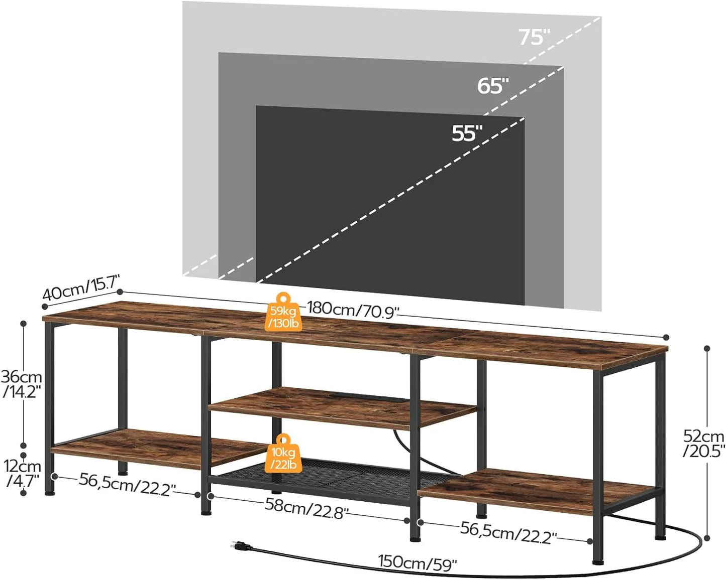 TV Stand with Power Outlets to 75 Inches, TV Console Table with Open Storage Shelves Cabinet, Industrial Media Entertainment Center for Living Room Bedroom, Rustic Brown and Black BF60DS01