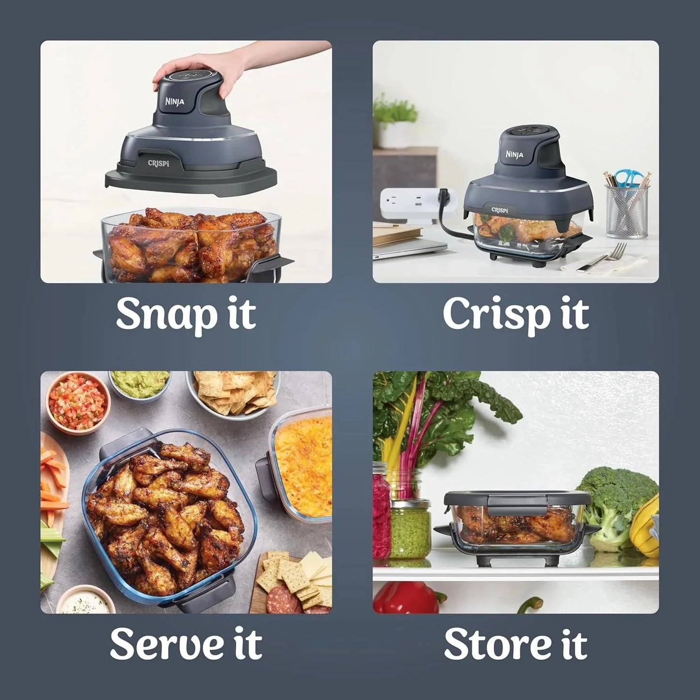 Ninja Crispi 4-in-1 Portable Glass Air Fryer Cooking System, 1500W, 4QT & 6-Cup TempWare Glass Containers with Storage Lids, Microwave, Freezer & Dishwasher Safe