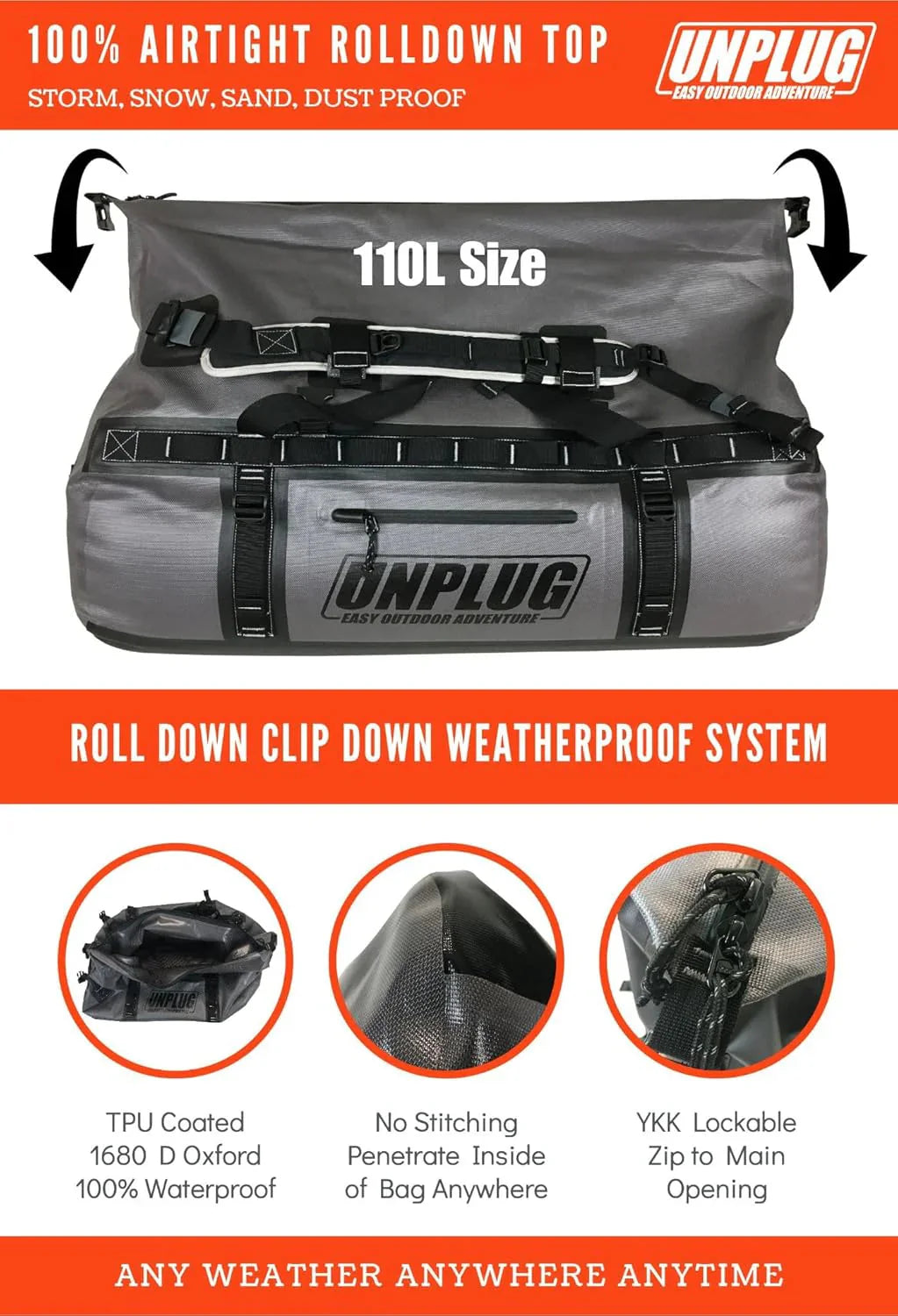 UNPLUG Ultimate Adventure Bag -1680D Heavy Duty Waterproof Travel Duffel Bags for Camping, Motorcycle Dry Bag, Waterproof Bags for Boating, Waterproof Duffle Backpack,Tactical Duffle Bag