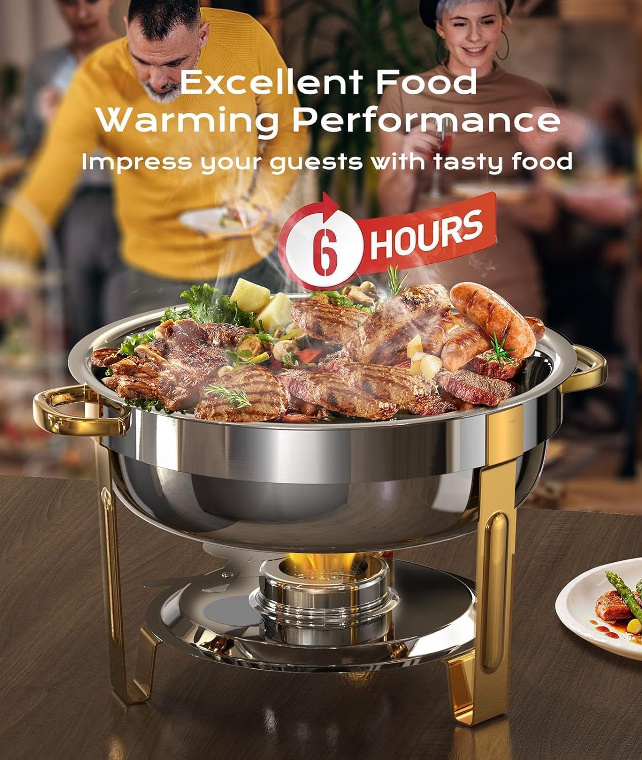 Chafing Dishes for Buffet 4 Pack, 5QT Worry-Free Assemble Round Chafing Dish Buffet Set Elegant Gold and Silver Colors Stainless Steel Chafers and Buffet Warmers Sets for Parties with Complete Set