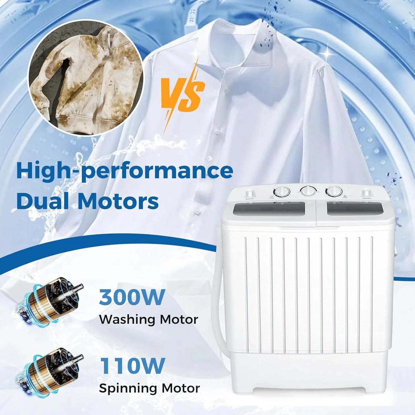 Portable Washing Machine, Twin Tub 20 Lbs Capacity, Washer(12 Lbs) and Spinner(8 Lbs), Durable Design, Timer Control, Compact Laundry Washer for RV, Apartments and Dorms, Grey+White