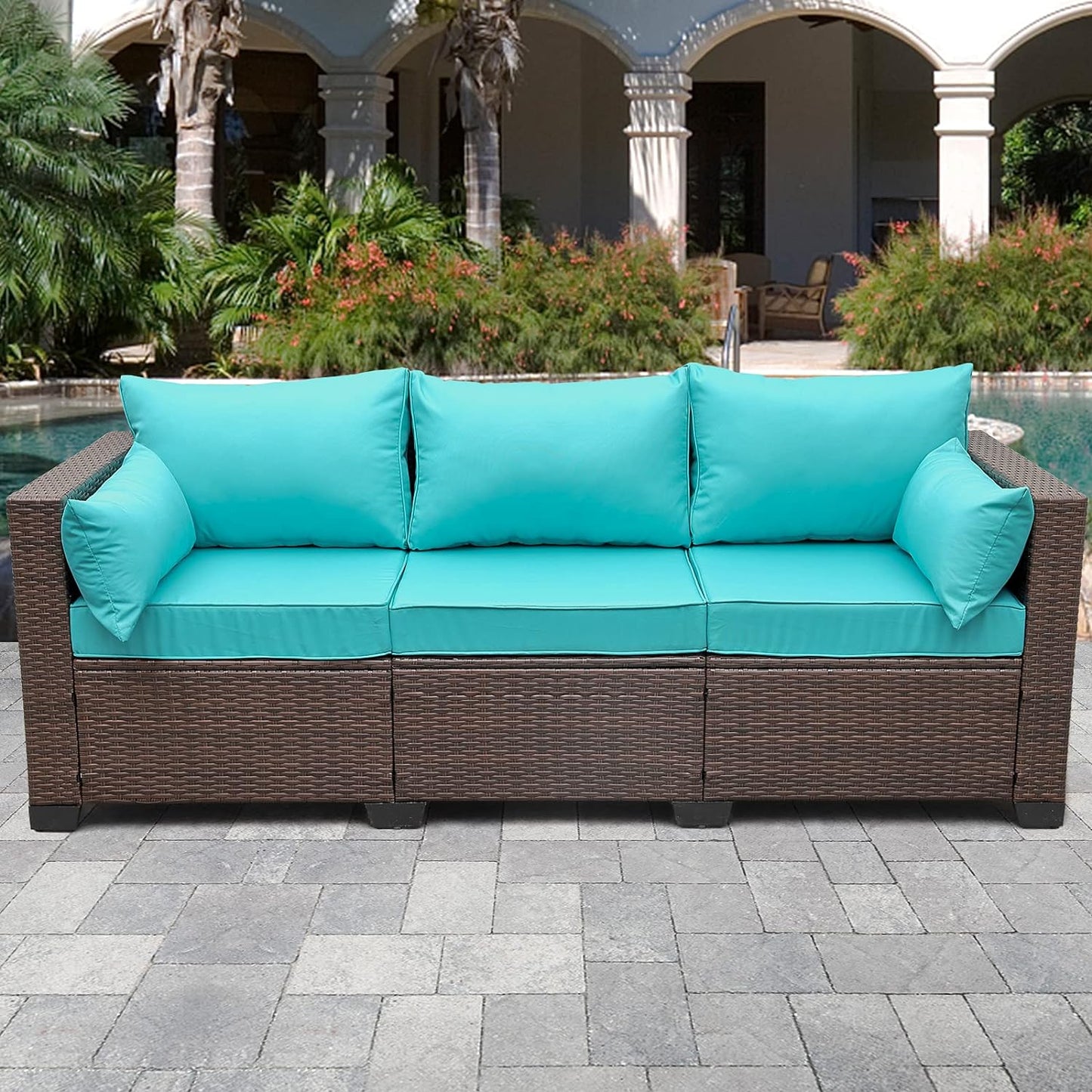 WAROOM Patio Couch PE Wicker 3-Seat Outdoor Brown Rattan Sofa Deep Seating Furniture with Non-Slip Beige Cushion