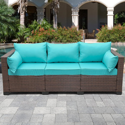 WAROOM Patio Couch PE Wicker 3-Seat Outdoor Brown Rattan Sofa Deep Seating Furniture with Non-Slip Beige Cushion