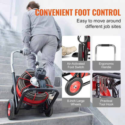 VEVOR Drain Cleaner Machine 100FT x 1/2 Inch, Auto Feed Sewer Snake Auger on Wheels, 550W Portable Drain Cleaning Machine with 8 Cutters & Air-activated Foot Switch for 2" to 4" Pipes