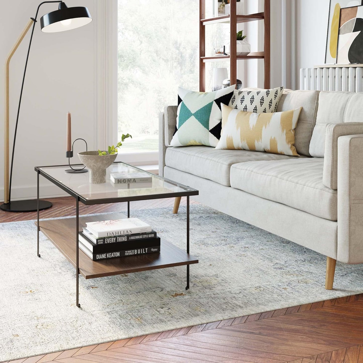 Nathan James Sonia Coffee Table with Storage Shelf, Light Wood/Rattan