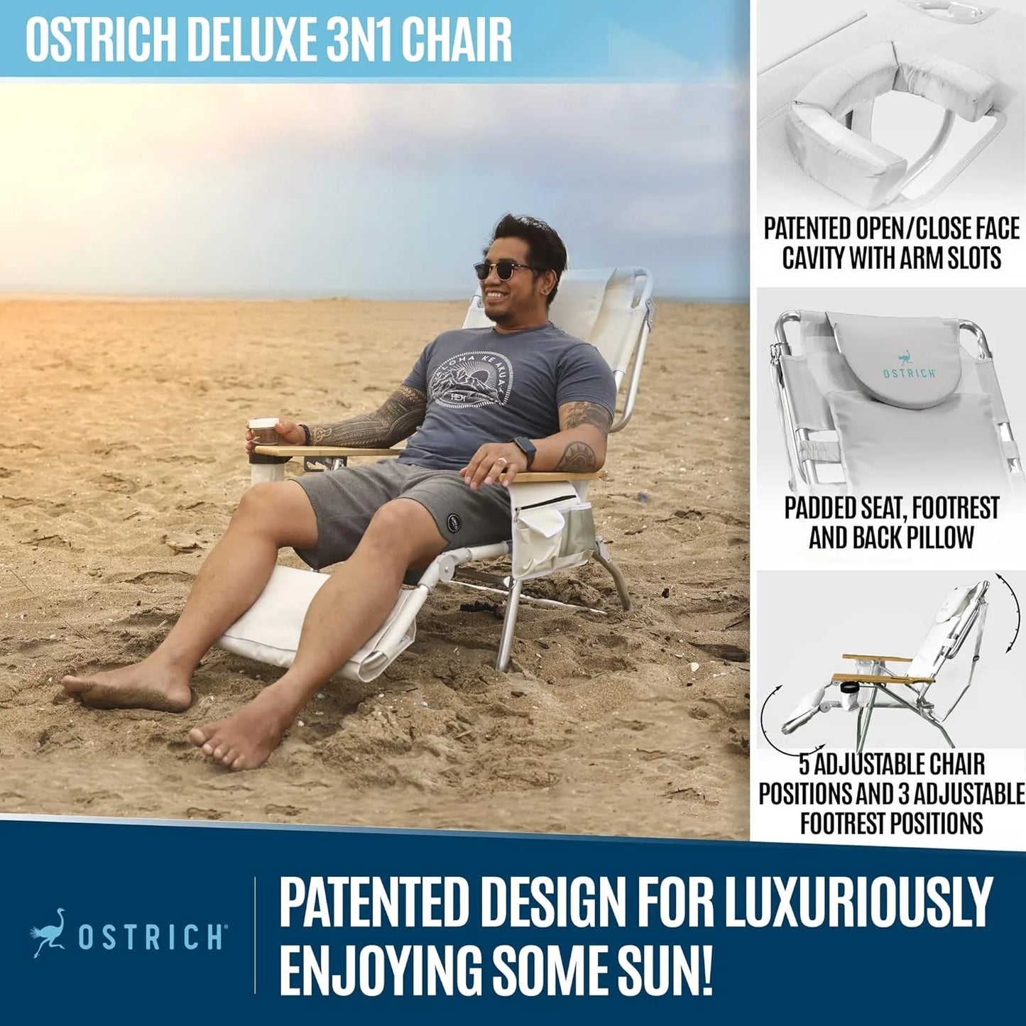Deluxe 3 in 1 Beach Chair with Face Opening - Portable, Reclining Lounger for Tanning - Face Hole for Reading on Stomach - Padded Footrest, Removable Pillow - Aluminum