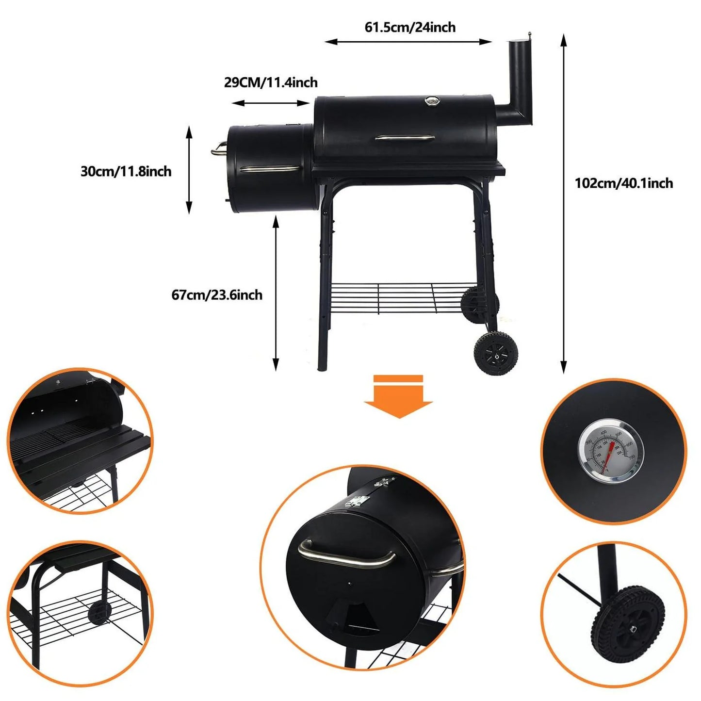 Vebreda Portable Charcoal BBQ Grill with Offset Smoker, Steel, Black, Thermometer, Wheels