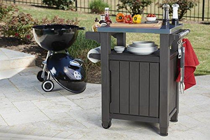 Unity Portable Outdoor Table and Storage Cabinet with Hooks for Grill Accessories-Stainless Steel Top for Patio Kitchen Island or Bar Cart, Espresso Brown