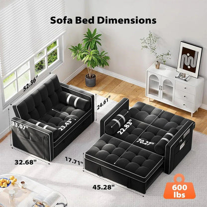 Pipishell 3 in 1 Convertible Sleeper Sofa Bed,Pull Out Couch for Living Room with USB Ports & Side Pockets,Adjustable Backrest,Velvet,Loveseat Sofa Bed,Futon Couches,Black