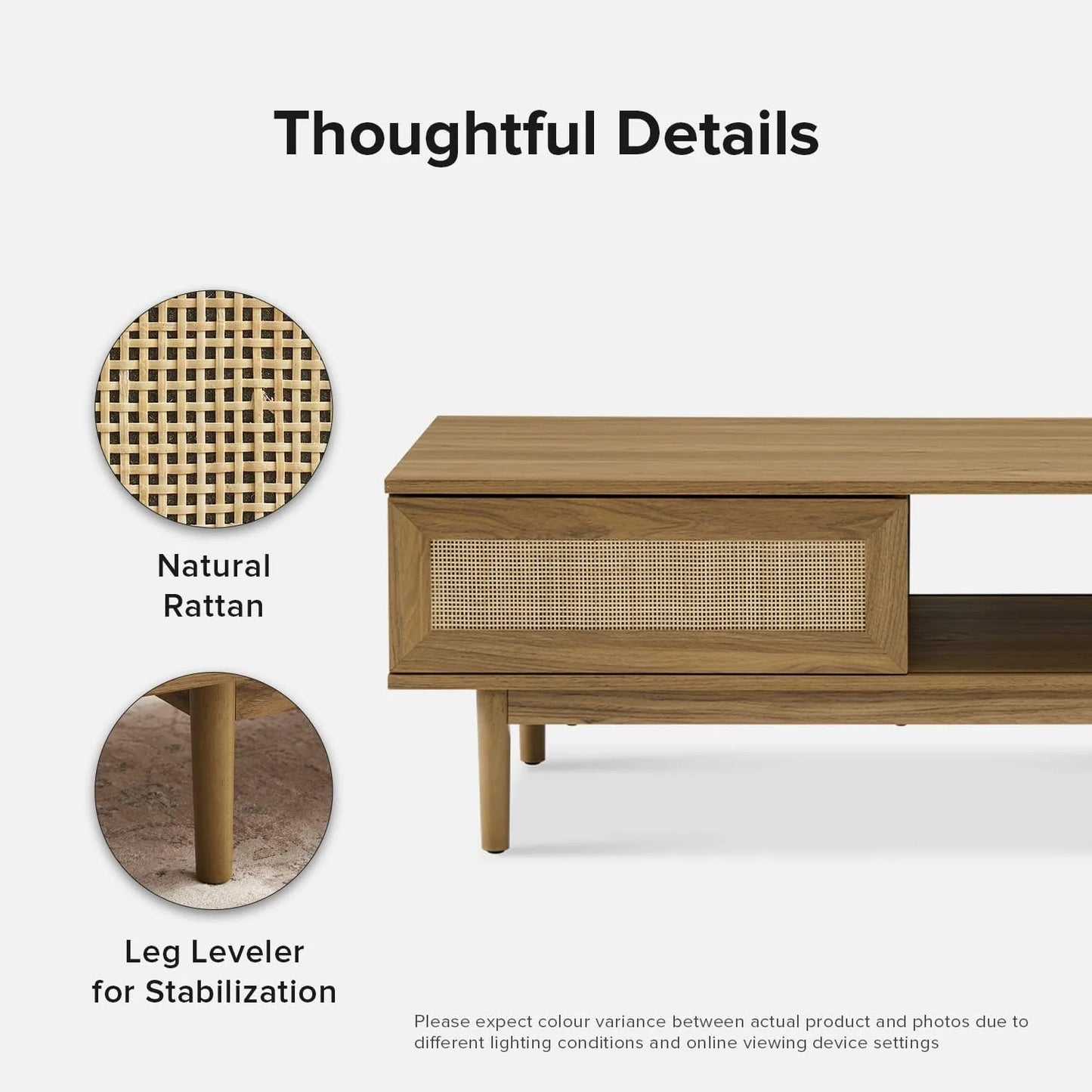 Mopio Ensley Mid Century Modern Rectangle Coffee Table with Dual Storage Shelf, Wood Slat Sliding Door, & Rounded Edge Protection for Living Room, Walnut Grain