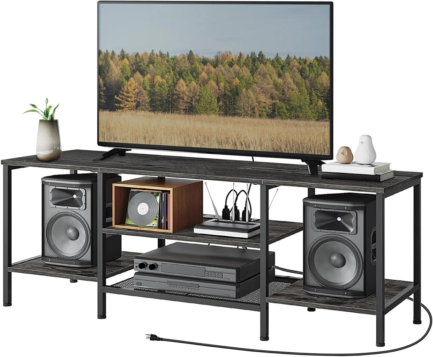 TV Stand with Power Outlets to 75 Inches, TV Console Table with Open Storage Shelves Cabinet, Industrial Media Entertainment Center for Living Room Bedroom, Rustic Brown and Black BF60DS01