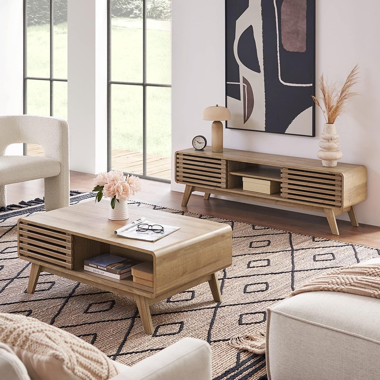 Mopio Ensley Mid Century Modern Rectangle Coffee Table with Dual Storage Shelf, Wood Slat Sliding Door, & Rounded Edge Protection for Living Room, Walnut Grain