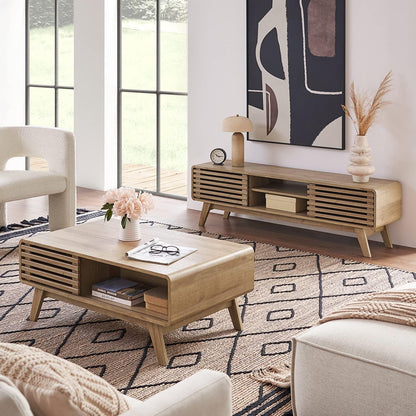 Mopio Ensley Mid Century Modern Rectangle Coffee Table with Dual Storage Shelf, Wood Slat Sliding Door, & Rounded Edge Protection for Living Room, Walnut Grain