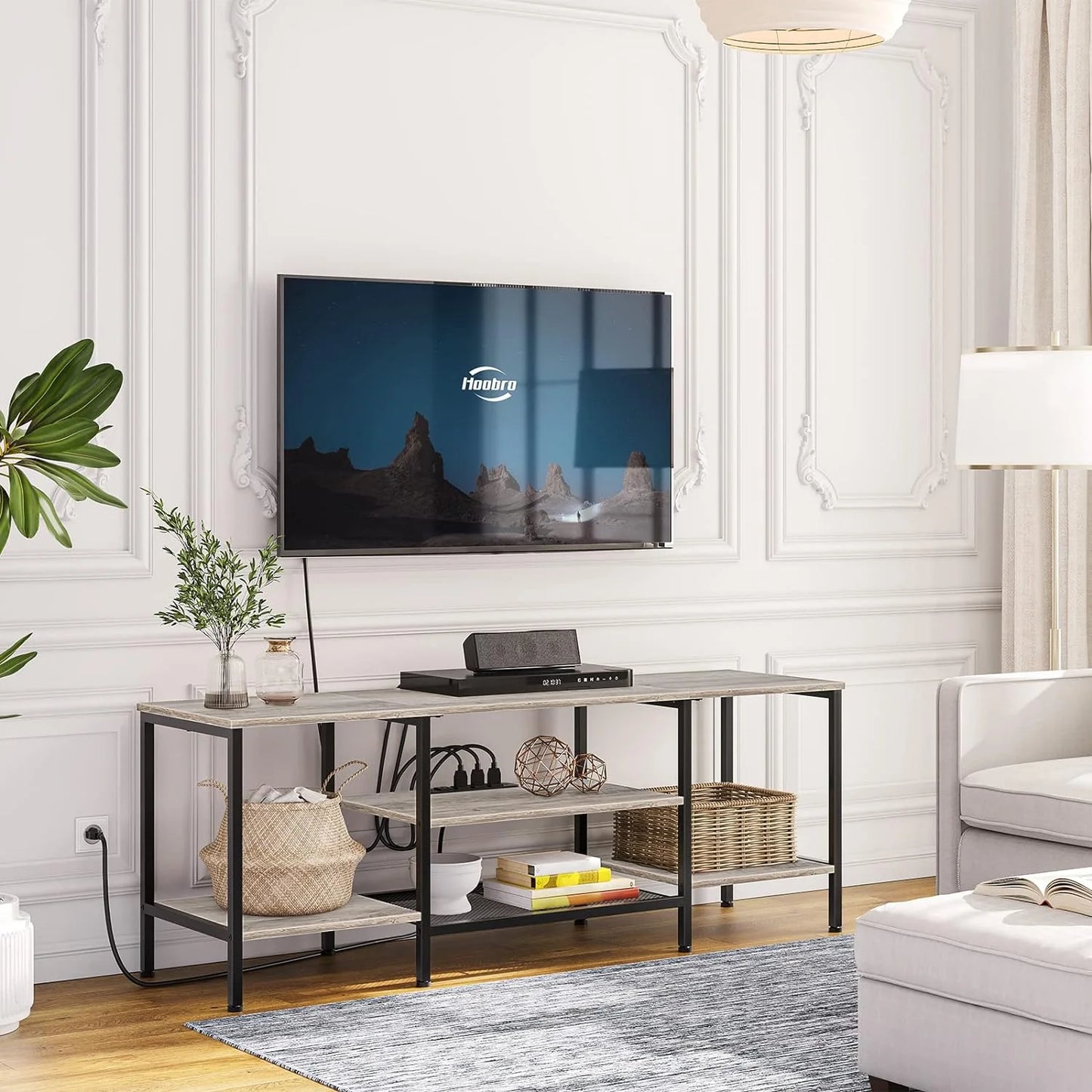 TV Stand with Power Outlets to 75 Inches, TV Console Table with Open Storage Shelves Cabinet, Industrial Media Entertainment Center for Living Room Bedroom, Rustic Brown and Black BF60DS01