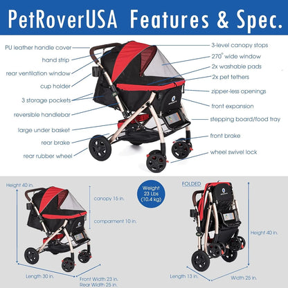 Pet Rover Premium Heavy Duty DogCat Stroller Travel Carriage CompartmentZipperless EntryPump-Free Rubber Tires Small, Medium, Large Pets (Black 2nd-Gen.), X-Large (Pack of 1)