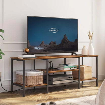 TV Stand with Power Outlets to 75 Inches, TV Console Table with Open Storage Shelves Cabinet, Industrial Media Entertainment Center for Living Room Bedroom, Rustic Brown and Black BF60DS01
