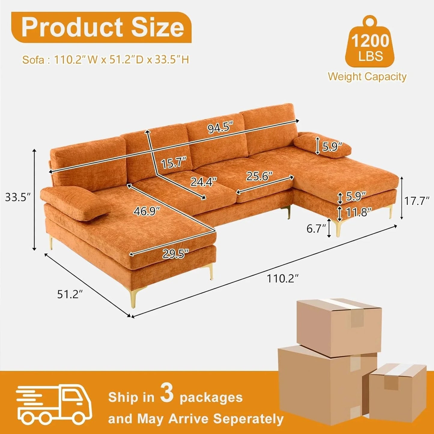 VINGLI 110" Sectional Couches for Living Room,U Shaped Couch with Double Chaise, 4-Seat Sofa Set with Chenille Fabric for Home Furniture,Beige