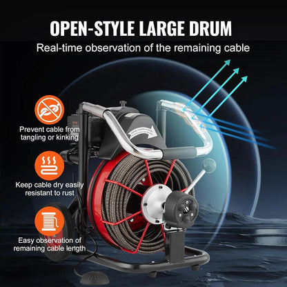 VEVOR Drain Cleaner Machine 100FT x 1/2 Inch, Auto Feed Sewer Snake Auger on Wheels, 550W Portable Drain Cleaning Machine with 8 Cutters & Air-activated Foot Switch for 2" to 4" Pipes