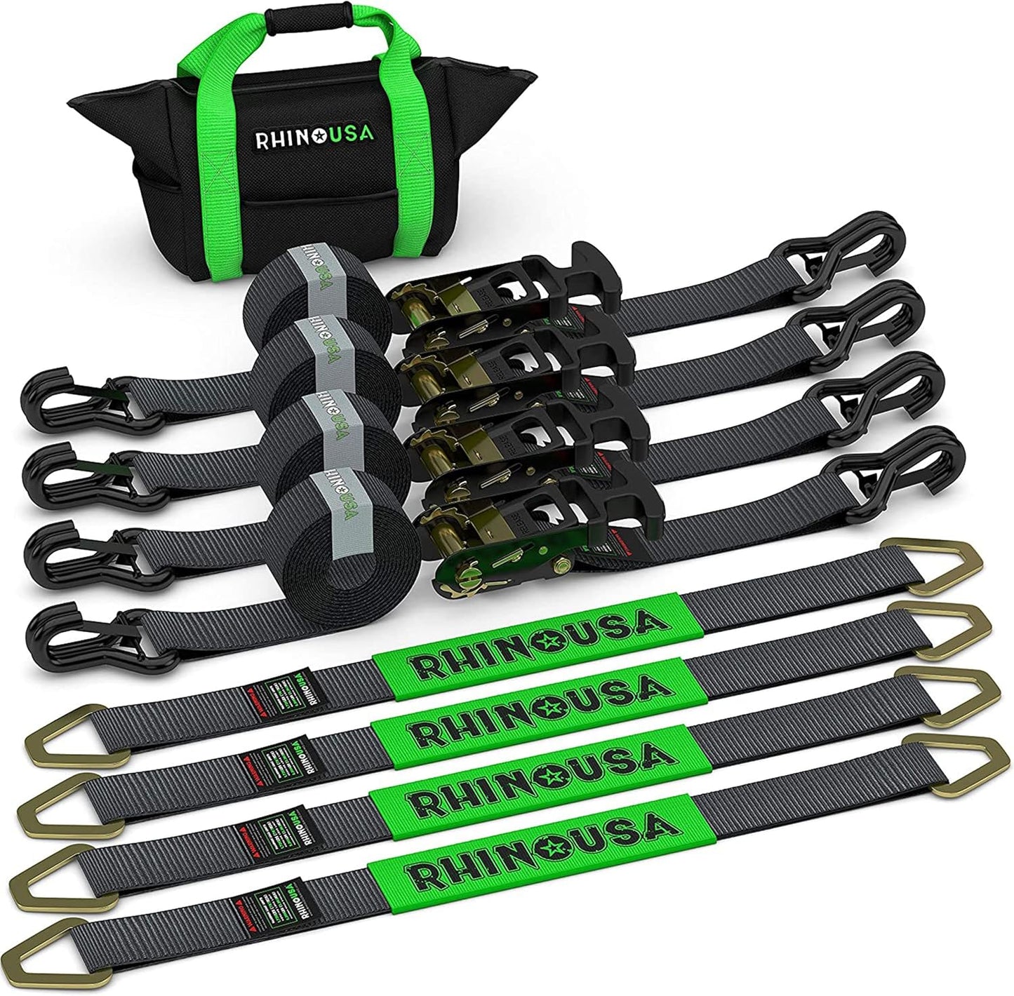 Car Tie Down Straps for Trailers with J Hooks (4-Pack) - 2 Inch x 8 Feet (10,000lb Break Strength) - Heavy Duty T-Handle Car Hauler Tire Straps for Trailer & UTV with Axle Straps - Black