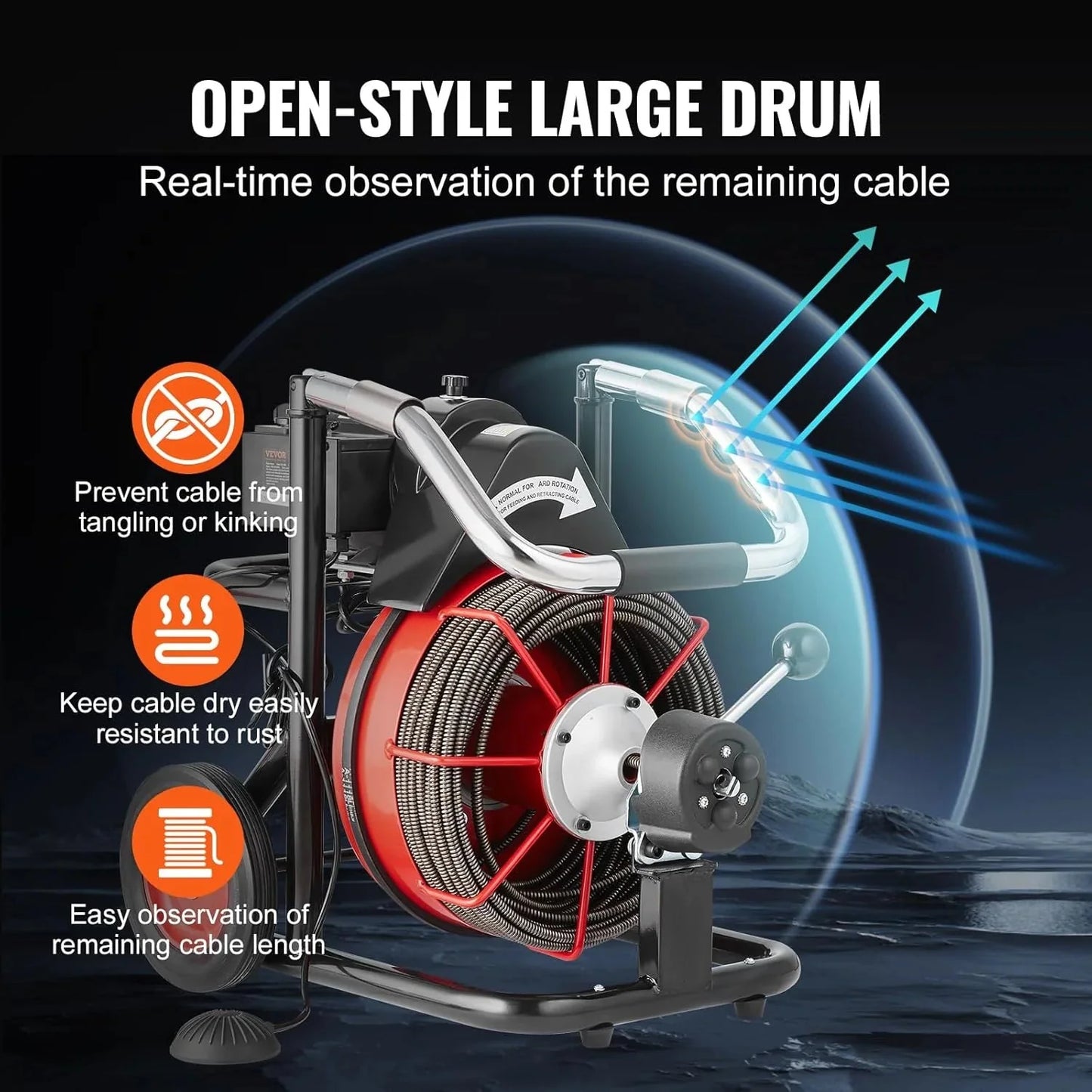 VEVOR Drain Cleaner Machine 100FT x 1/2 Inch, Auto Feed Sewer Snake Auger on Wheels, 550W Portable Drain Cleaning Machine with 8 Cutters & Air-activated Foot Switch for 2" to 4" Pipes