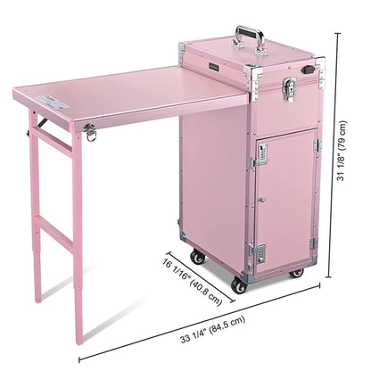 Byootique Portable Nail Desk & Makeup Station with Mirror, 4 Drawers, Bluetooth, USB, Pink