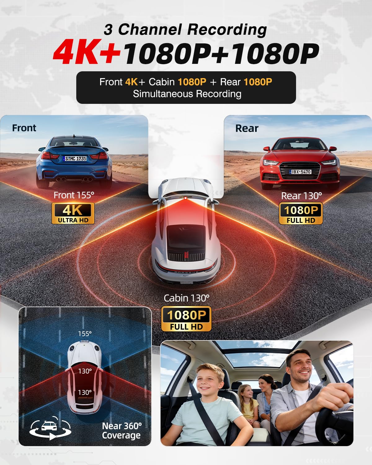 JZONES 3 Channel 4K Dash Cam with HDR Night Vision