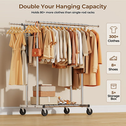 HYSEYY Heavy Duty Rolling Clothes Rack with Shelves 700LBS