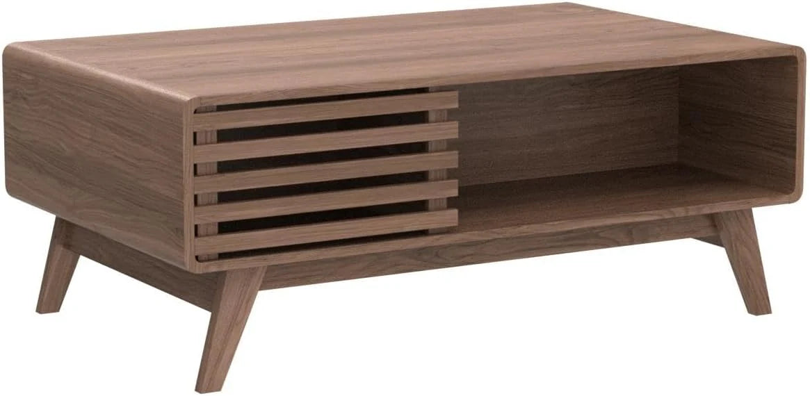 Mopio Ensley Mid Century Modern Rectangle Coffee Table with Dual Storage Shelf, Wood Slat Sliding Door, & Rounded Edge Protection for Living Room, Walnut Grain