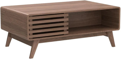 Mopio Ensley Mid Century Modern Rectangle Coffee Table with Dual Storage Shelf, Wood Slat Sliding Door, & Rounded Edge Protection for Living Room, Walnut Grain