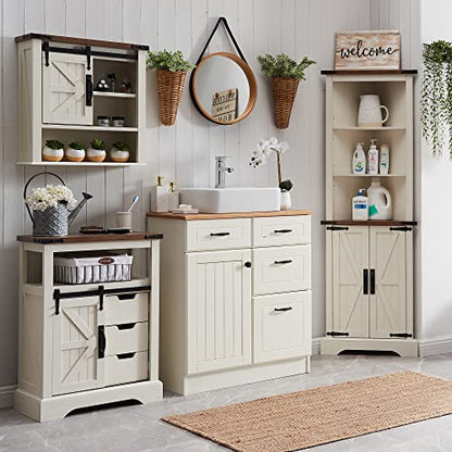 OKD Bathroom Floor Cabinet, Farmhouse Storage Cabinet with Sliding Barn Door & Storage Drawers