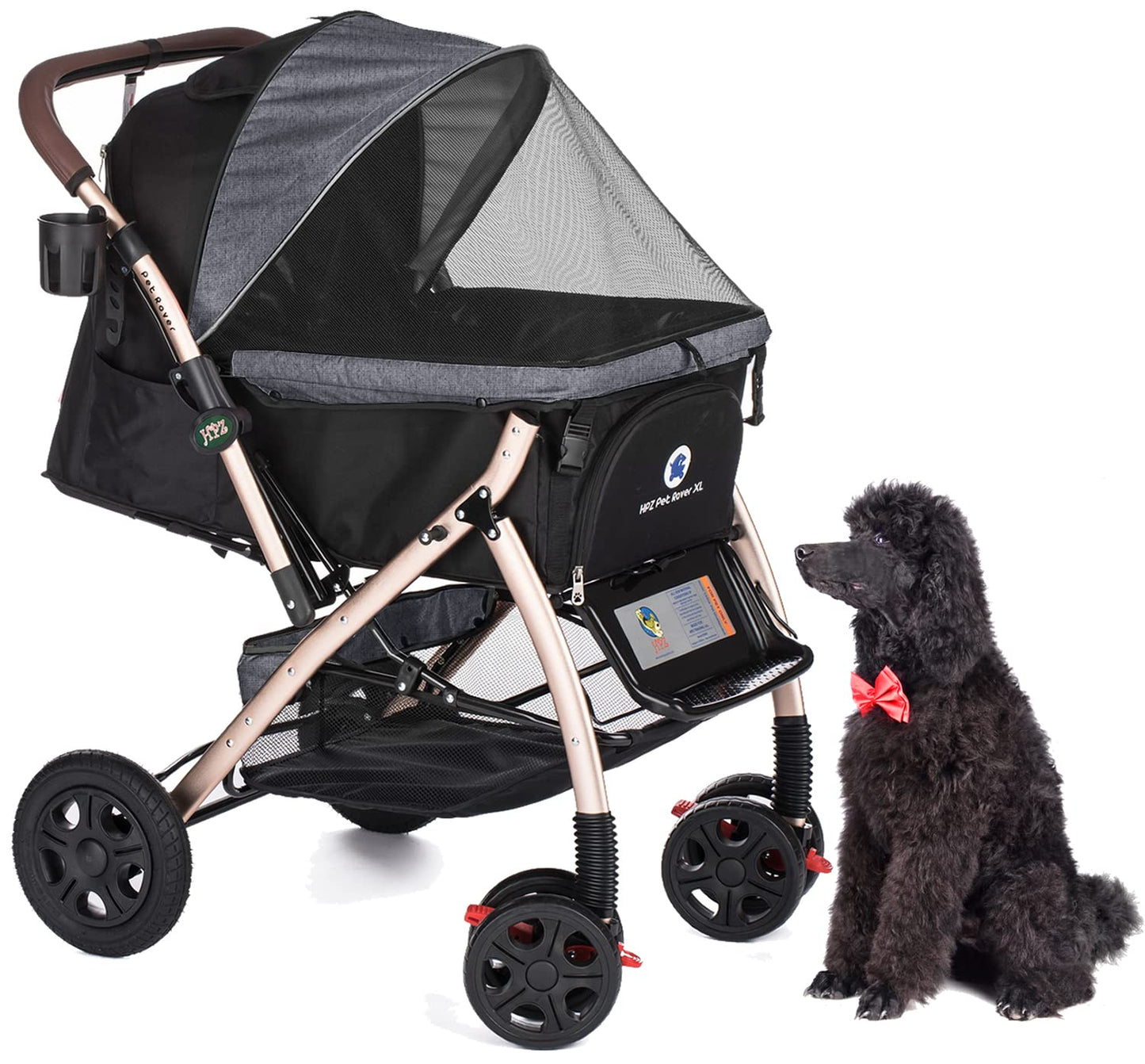 Pet Rover Premium Heavy Duty DogCat Stroller Travel Carriage CompartmentZipperless EntryPump-Free Rubber Tires Small, Medium, Large Pets (Black 2nd-Gen.), X-Large (Pack of 1)