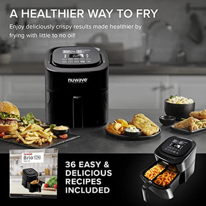 Nuwave Brio 8 Qt Air Fryer, Powerful 1800W, Easy to Read Cool White Display, 50° 400°F Temp Controls, 100 Pre Programmed Presets & 50 Memory Slots, Integrated Smart Thermometer, Linear T Technology