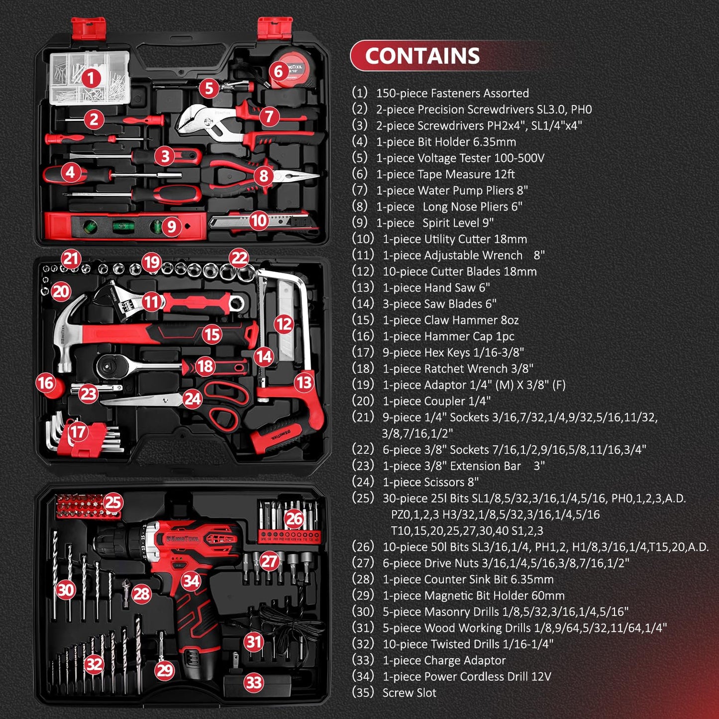 KINGTOOL 276-Piece Tool Set with Cordless Drill and Toolbox