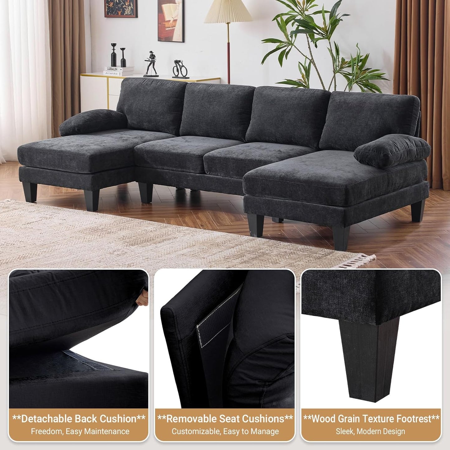 VINGLI 110" Sectional Couches for Living Room,U Shaped Couch with Double Chaise, 4-Seat Sofa Set with Chenille Fabric for Home Furniture,Beige