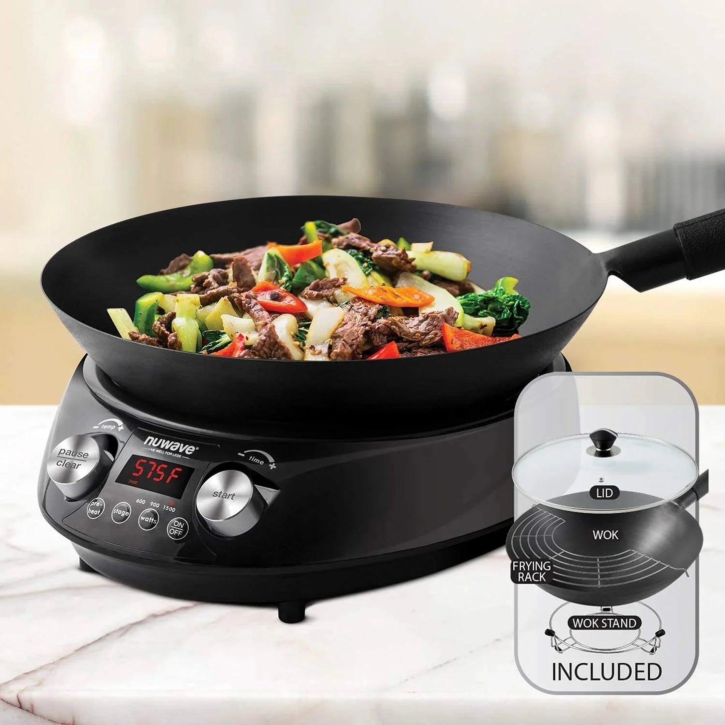 Nuwave Mosaic Induction Wok, Precise Temp Controls from 100u00b0F to 575u00b0F in 5u00b0F, Wok Hei, Infuse Complex Charred Aroma & Flavor, 3 Watts 600, 900 & 1500, Authentic 14-inch Carbon Steel Wok Included