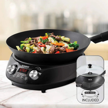 Nuwave Mosaic Induction Wok, Precise Temp Controls from 100u00b0F to 575u00b0F in 5u00b0F, Wok Hei, Infuse Complex Charred Aroma & Flavor, 3 Watts 600, 900 & 1500, Authentic 14-inch Carbon Steel Wok Included