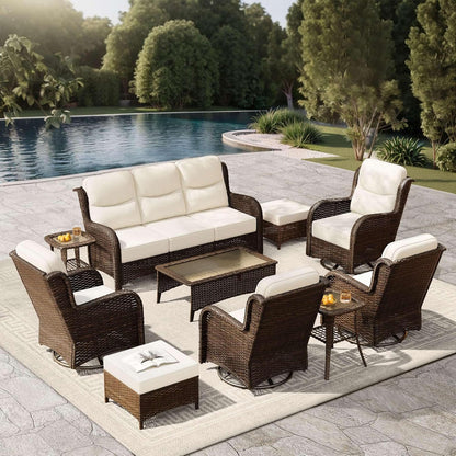 Outdoor Swivel Rocker Patio Chairs with 6-Inch Thick Cushions and Side Table, 3PCS High Back Wicker Patio Furniture Set for Porch, Balcony, Deck and Yard in Blue