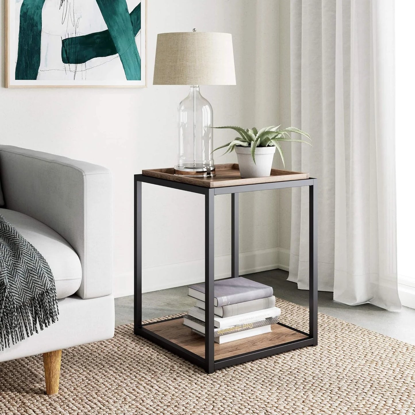 Nathan James Sonia Coffee Table with Storage Shelf, Light Wood/Rattan