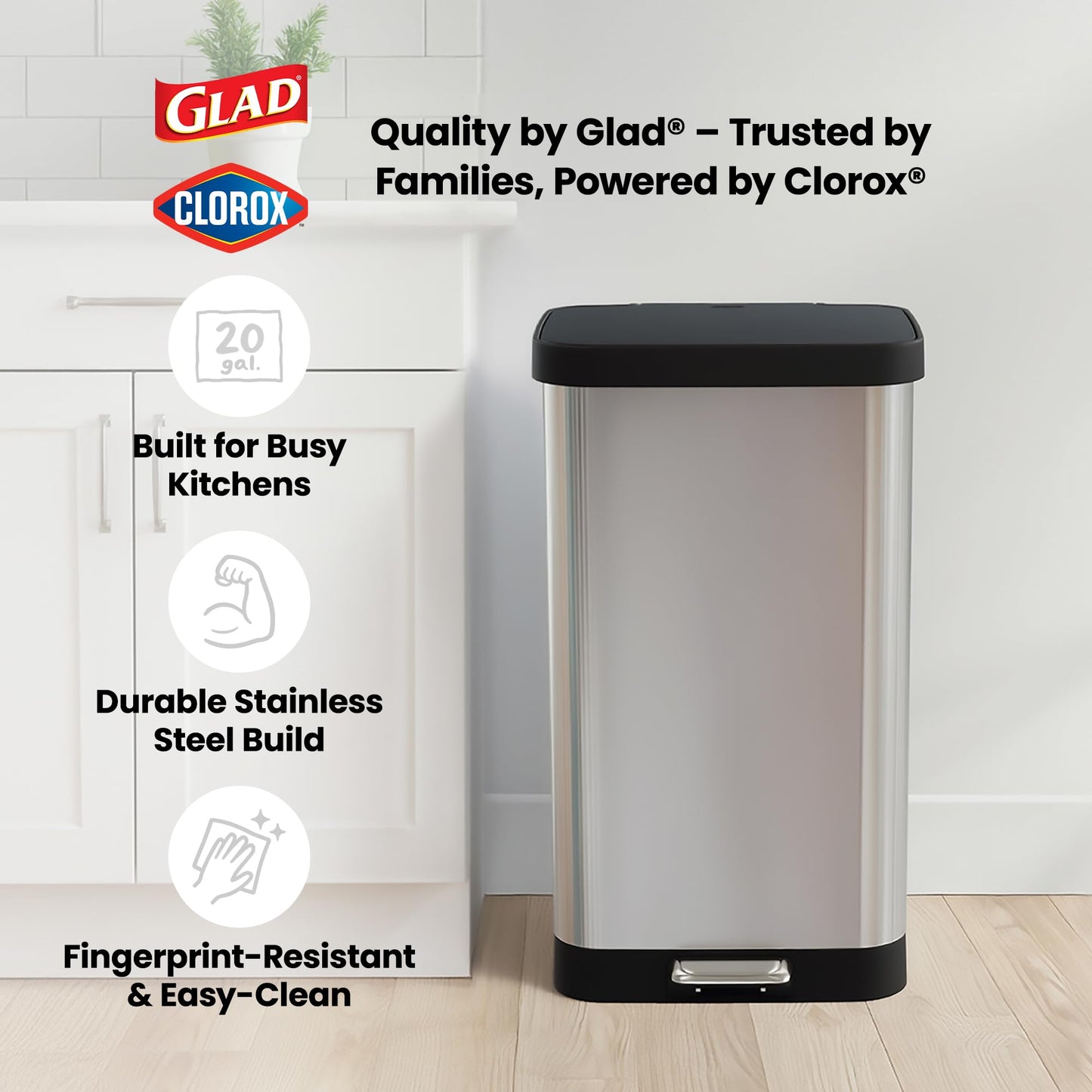 GLAD Stainless Steel 20 Gallon Step Trash Can with Odor Guard