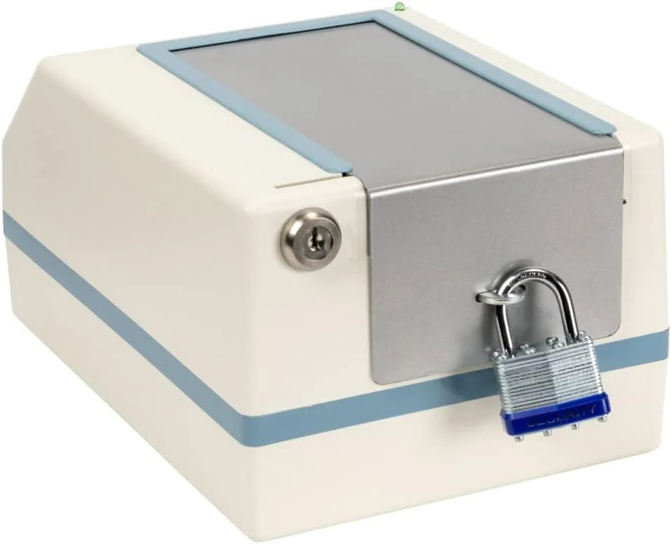 Tamper-proof automatic pill dispenser - metal safety lid with padlock