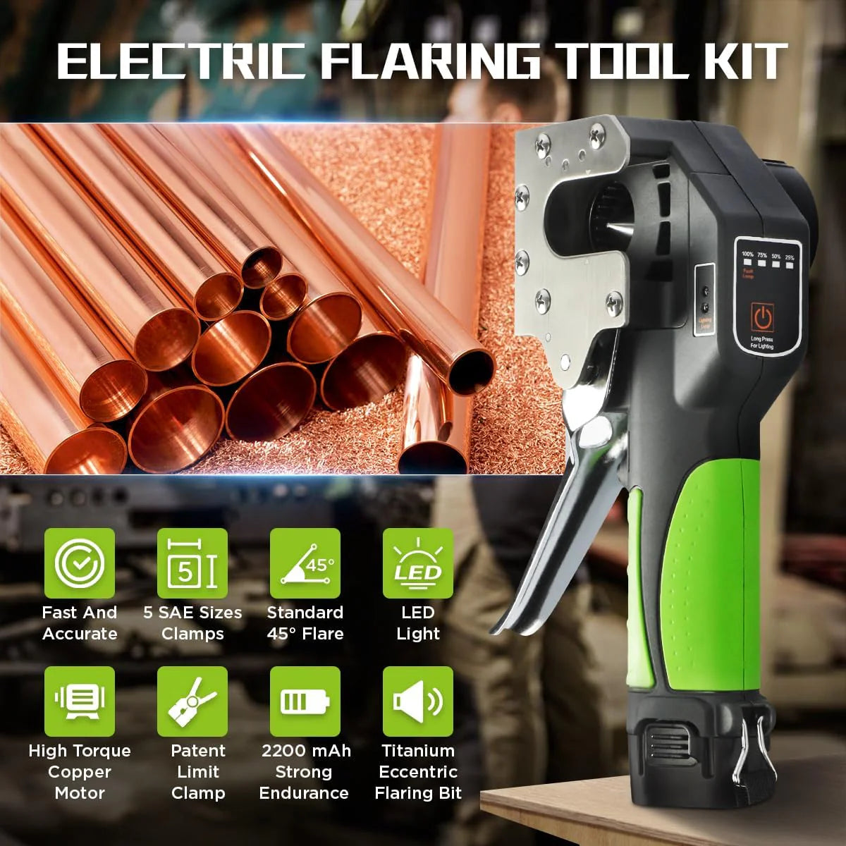 Electric Flaring Tool Kit, 1/4" - 3/4" Copper Flaring Tool Flare Gauge, 5 SAE Sizes Clamps 45° Eccentric Type Flare 2200 mAh