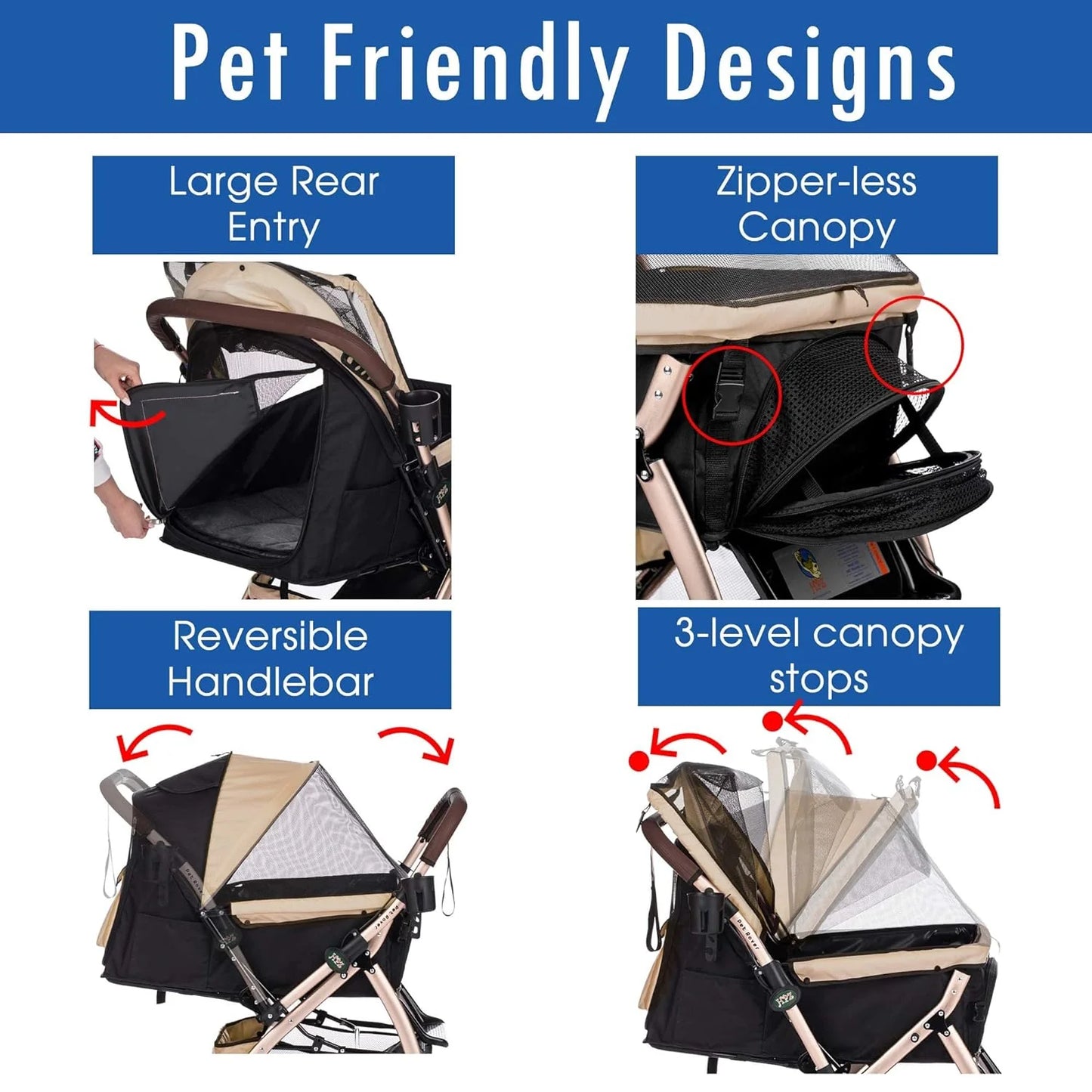 Pet Rover Premium Heavy Duty DogCat Stroller Travel Carriage CompartmentZipperless EntryPump-Free Rubber Tires Small, Medium, Large Pets (Black 2nd-Gen.), X-Large (Pack of 1)
